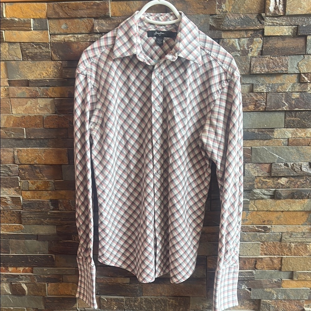 Sean John Men's Red, Grey and White Checkered Shirt